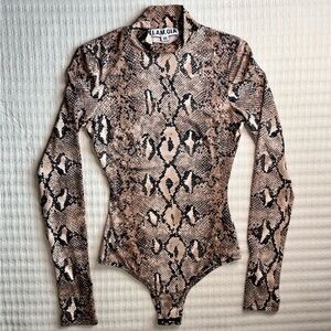 I.AM.GIA Kenzie Tan Snakeskin Mock Neck Long Sleeve Bodysuit